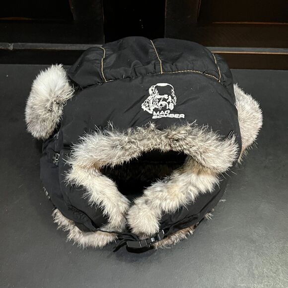 Black Supplex Bomber Trapper Hat w/100% Grey Rabbit Fur Trim 304BLK - Large - Picture 3 of 5